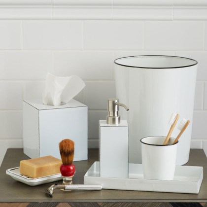 Enamel Bath Accessories: Tray, Soap Dish, Soap Pump, Tissue Box, Toothbrush Holder and Waste Bin, starts from £14 - West Elm