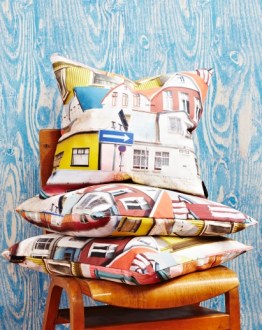 Ella Doran Rekki in Reykjavik cushions and Wood Grain Blue wallpaper