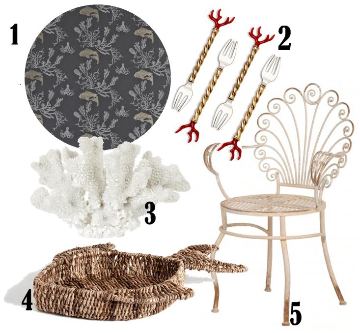1. Coral Wallpaper by Barneby Gates, £78 per roll from Rockett St George 2. L'Objet Coral Cocktail Forks - Set of 4, £110 from Amara 3. Large Resin Antler Coral, £46 from Kelly Hoppen London 4. Fish-shaped basket, £29.99 from Zara Home 5. Scroll-back garden chair, £135 from Out There Interiors