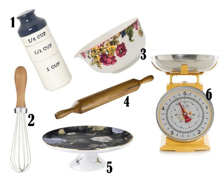 1. Linea Maritime Measuring Stackable Cups, £12.50 from House of Fraser, 2. Vintage Style Wooden Handle Whisk, £7.50 from M&S, 3. Large Floral Mixing Bowl, £26.95 from Unique & Unity, 4. Raymond Blanc Acacia Wood Rolling Pin, £16.95 from Tesco, 5. Ted Baker Rosie Lee Footed Cake Stand, £70 from Amara, 6. Homespun Mechanical Scale , £9.00 from George Home