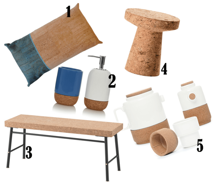 1. Rio Rectangular Cushion £95 from Mind the Cork, 2. Home Cork and Ceramic Tumbler £3 and Dispenser £5 both from George Home, 3. Cork Bench £100 from IKEA, 4. Vitra Cork Stool/Side Table £324 from Nest.co.uk, 5. Alma Gemea Pearl White Tableware prices start at £8 from Amara