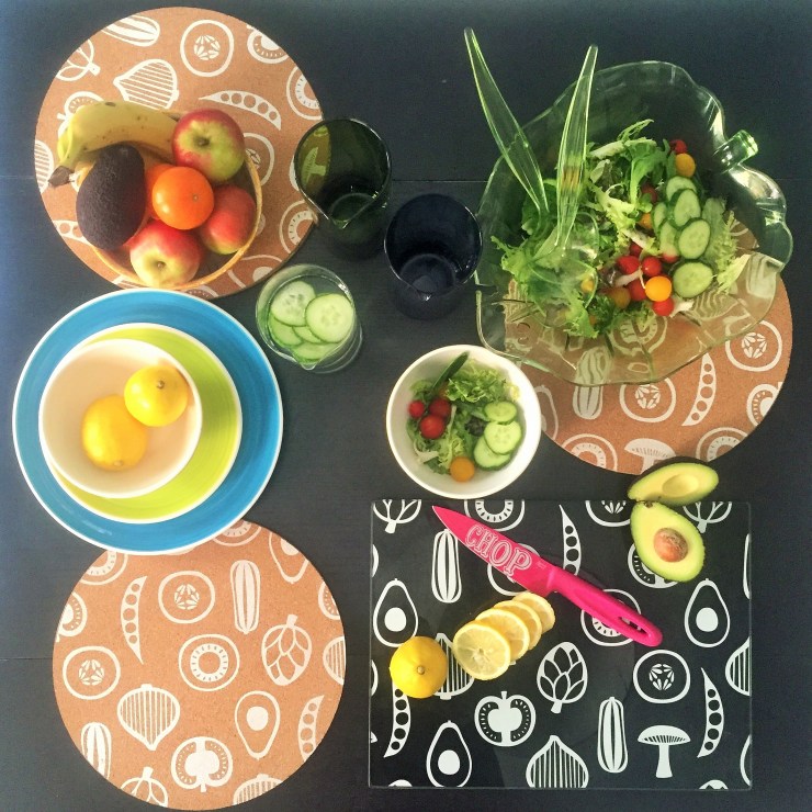 Premier Besa cork placemats set of 4, Premier Besa black and white glass chopping board, Bitossi Bloom Jug's, plates are Whittard's and salad bowl and servers are Laura Ashley