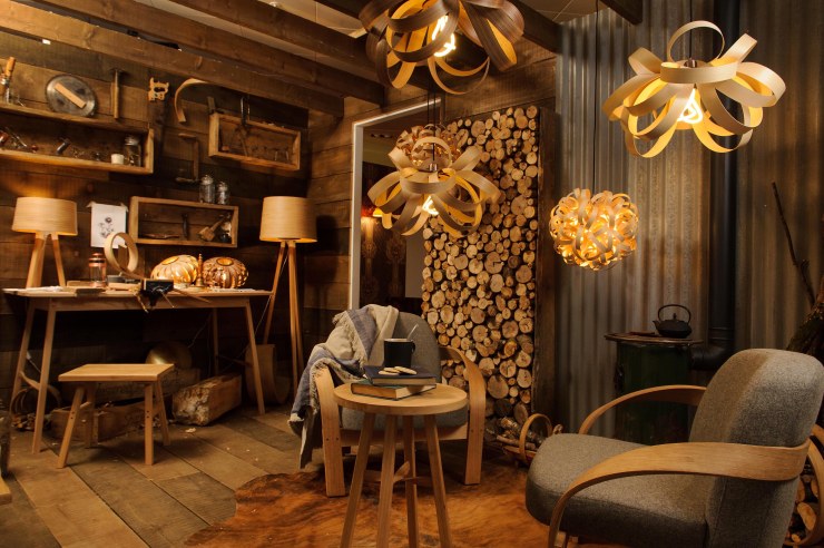 © Licensed to simonjacobs.com. 02/09/2015 London, UK. A general view of Tom Raffield's log cabin, one of the designer-curated Creative Spaces at John Lewis Oxford Street's new Home department which opens tomorrow (3rd September). FREE PRESS AND PR USAGE.Photo credit : Simon Jacobs