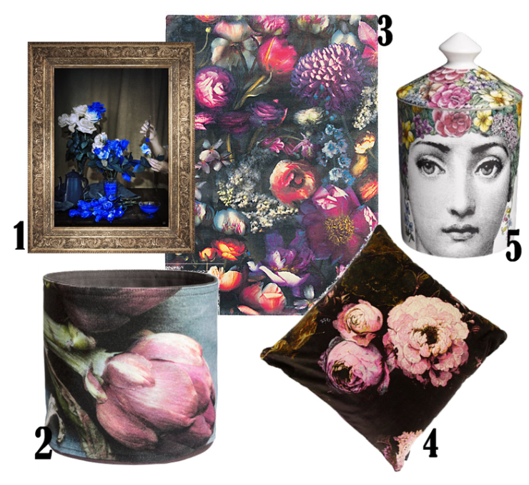 1. 'Scent Of Cobalt' Ornate Framed Canvas Print, £152.50 from Mine Heart 2. Small storage basket, £7.99 from H&M 3. Ted Baker Shadow Floral Rug, £995 from John Lewis 4. Boho & Co Floralism Velvet Cushion, £64 from Amara 5. Fornasetti Flora Scented Candle, £115 from The Conran Shop