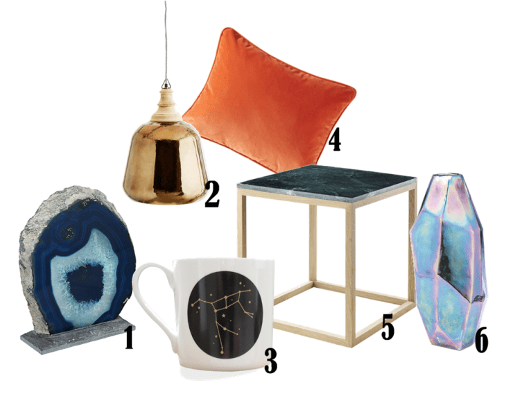 1. Hotel Agate Decorative Object £40 from John Lewis | 2. Nova Brass Pendant £175 from Abigail Ahern | 3. Constellation Mug: The Great Bear £18 from Lollipop Designs | 4. Penelope Cushion in Fox £40 from Neptune | 5. Cube Green Marble Coffee Table £249 from Holly's House | 6. Diamond Iris Vase £45 from dwell